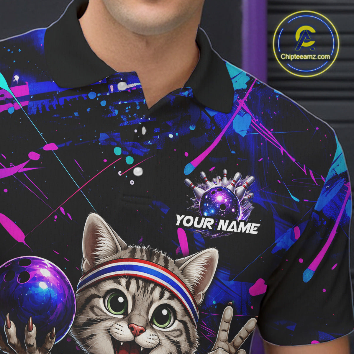 Colorful polo shirt with a cat design and 'Your Name' text, brand 'Chipleeamz' visible.