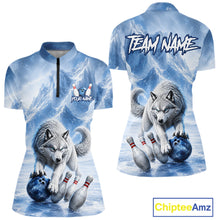 Load image into Gallery viewer, Two polo shirts with wolf graphics and bowling elements on a blue mountain background, featuring 'Chiptee Amz' branding.