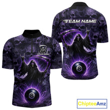 Load image into Gallery viewer, Purple and black sports jersey with grim reaper design and 8-ball, personalized text on a white background.