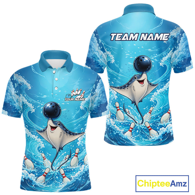 Front and back views of a short-sleeve polo shirt featuring a blue and white ocean wave design with a cartoon stingray bowling with bowling pins. The front has a mock logo and the back has 'TEAM NAME' printed at the top.