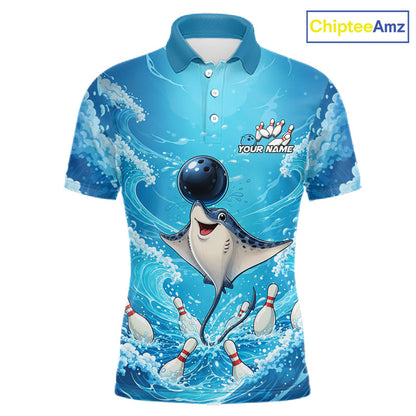 A short-sleeve polo shirt with an all-over blue ocean wave graphic featuring a cartoon stingray bowling with bowling pins and a black bowling ball. The shirt has a blue collar and buttons, and a customizable name graphic on the chest.