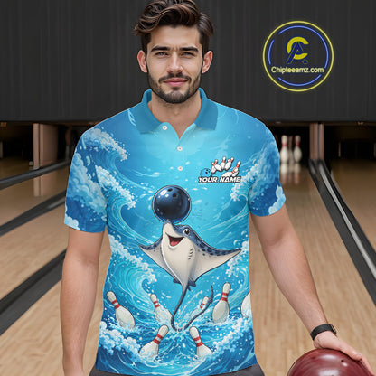 A man wearing a blue short-sleeve polo shirt with a graphic print of a stingray bowling, set against a bowling alley background. 