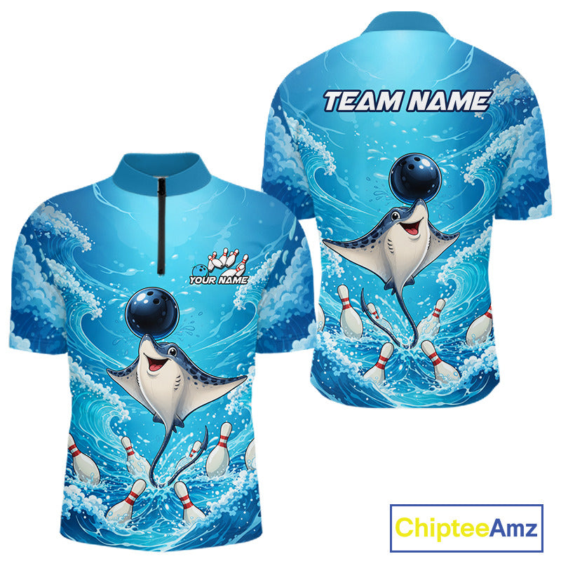 Custom short-sleeve quarter-zip polo shirt shown from the front and back, featuring a blue ocean wave design with a cartoon stingray bowling with bowling pins and white foam. The front has a black zipper at the collar and a customizable logo area, while the back has 'TEAM NAME' printed at the top.