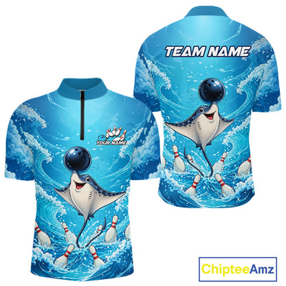 Custom short-sleeve quarter-zip polo shirt shown from the front and back, featuring a blue ocean wave design with a cartoon stingray bowling with bowling pins and white foam. The front has a black zipper at the collar and a customizable logo area, while the back has 'TEAM NAME' printed at the top.