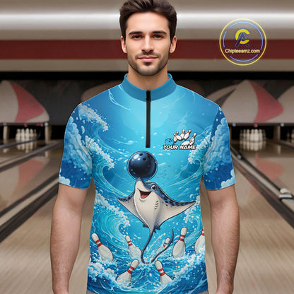 A man wearing a short-sleeve blue bowling-themed jersey with a cartoon stingray throwing a bowling ball, set against a bowling alley background. 