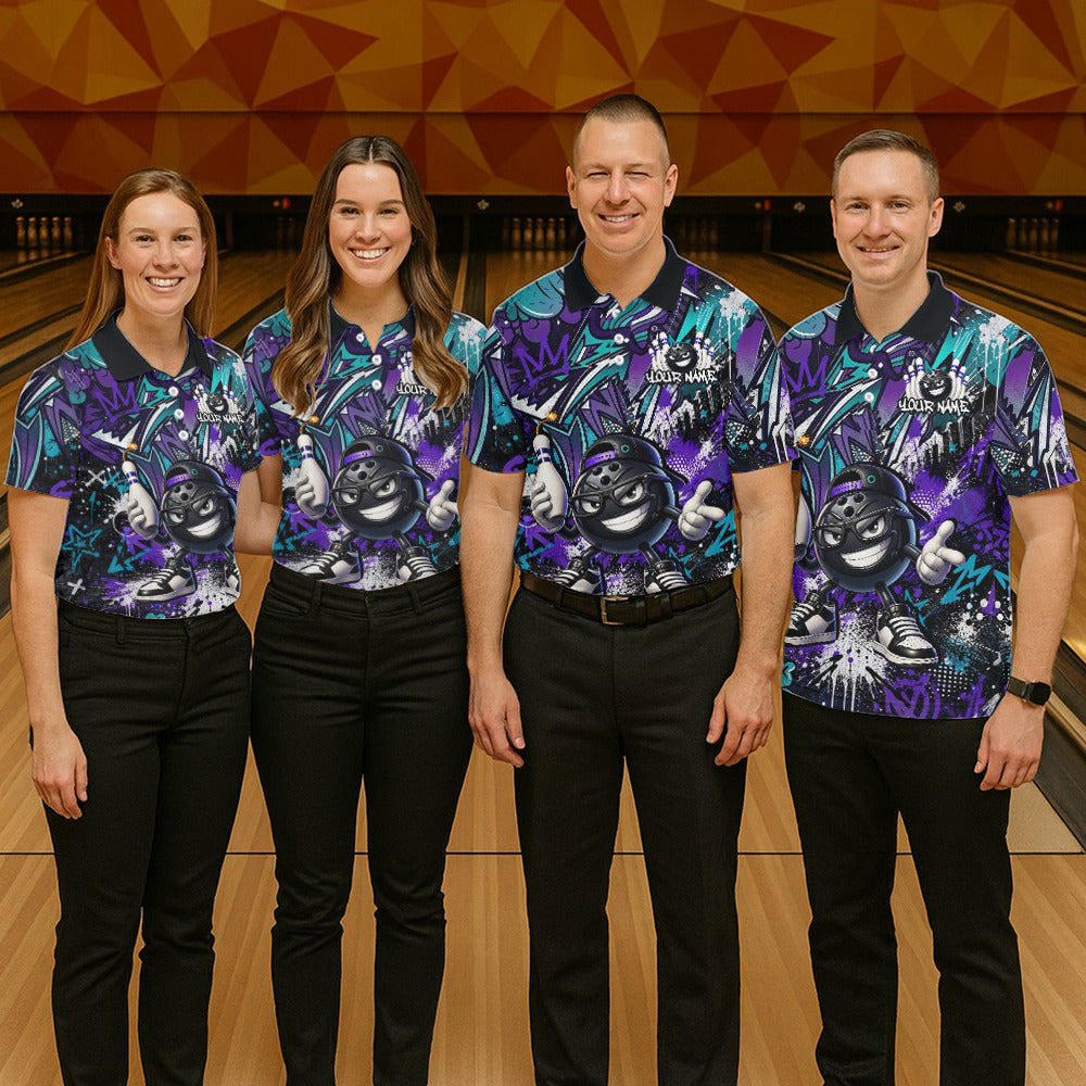 Four people wearing matching bowling shirts with a gorilla design in a bowling alley.