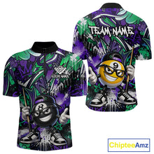Load image into Gallery viewer, Purple green bowling shirt with cartoon billiard ball design and 'Team Name' text on a white background.