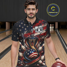 Load image into Gallery viewer, Man wearing a shirt with a snake and American flag design in a bowling alley.