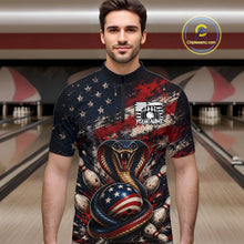 Load image into Gallery viewer, Man wearing a bowling jersey with American flag and snake design in a bowling alley.