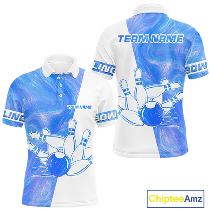 Bowling-themed polo shirt with branding and customization options on a white background