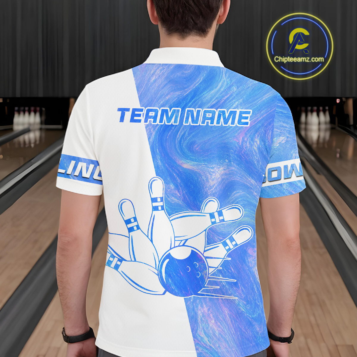 Person wearing a bowling-themed shirt with 'TEAM NAME' on a bowling alley background