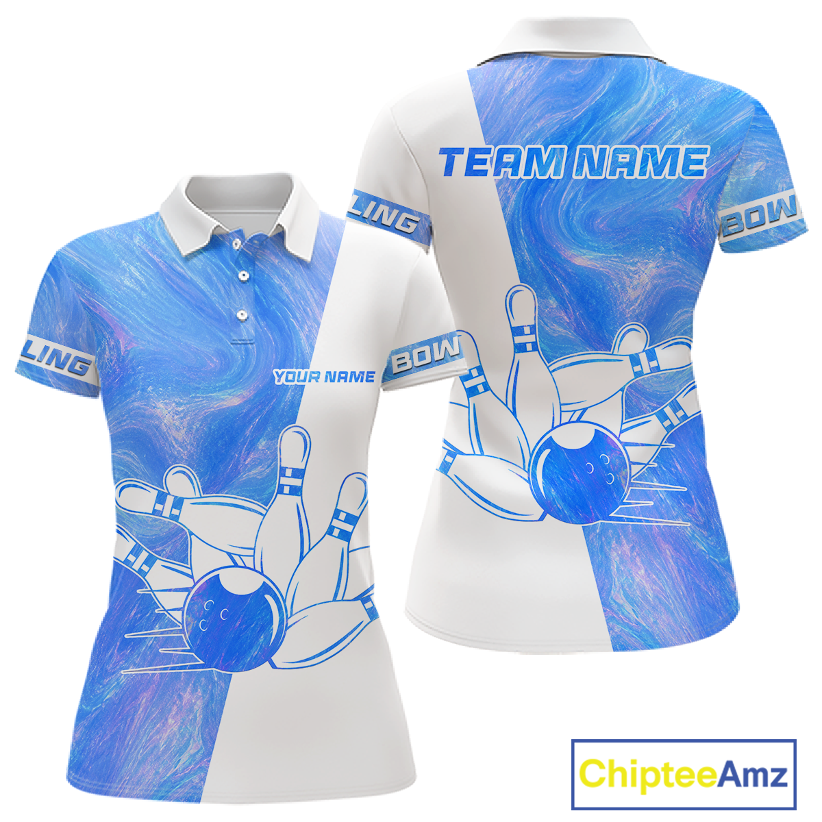 Bowling-themed polo shirt with customizable text on a white background