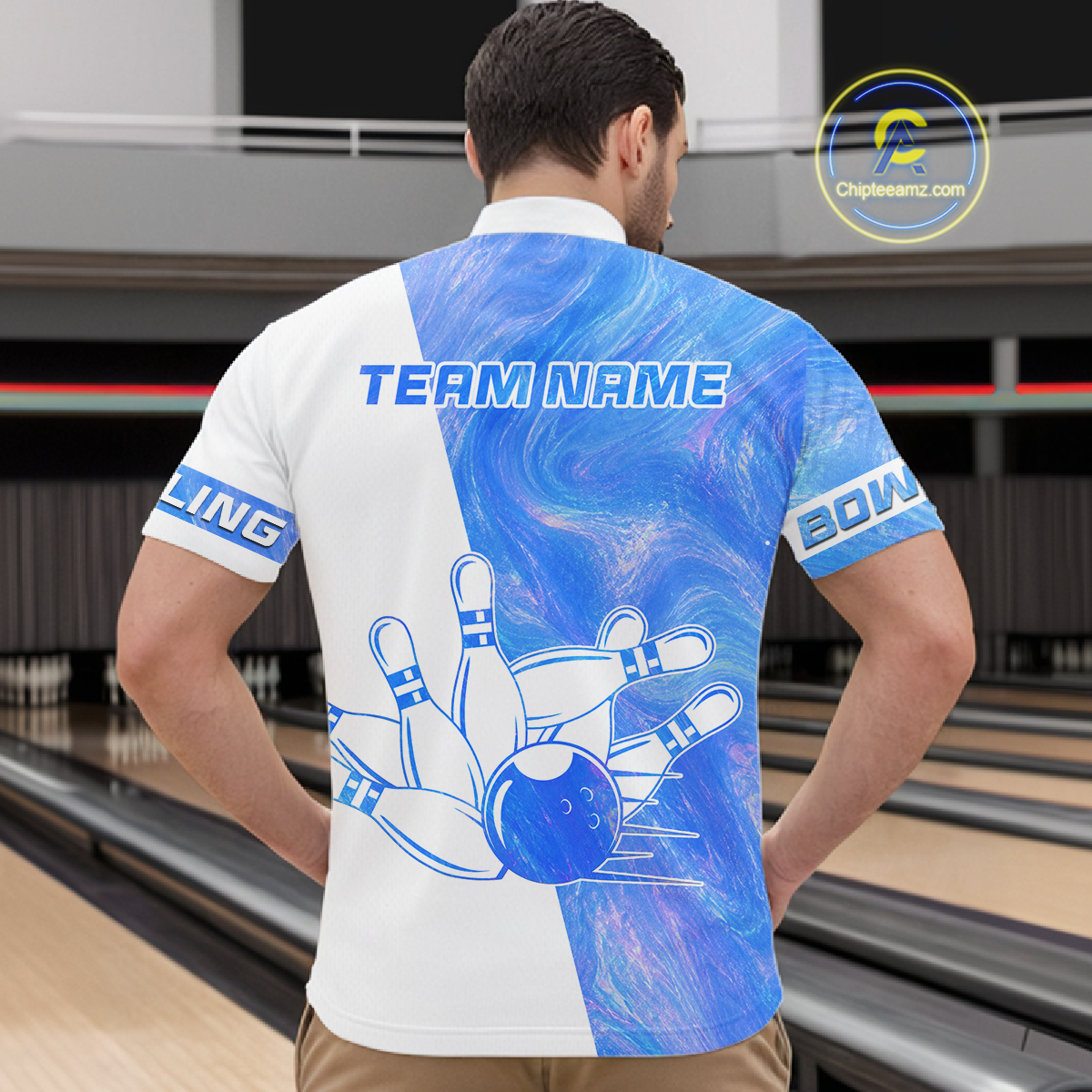 Person wearing a bowling-themed shirt with 'TEAM NAME' text in a bowling alley.