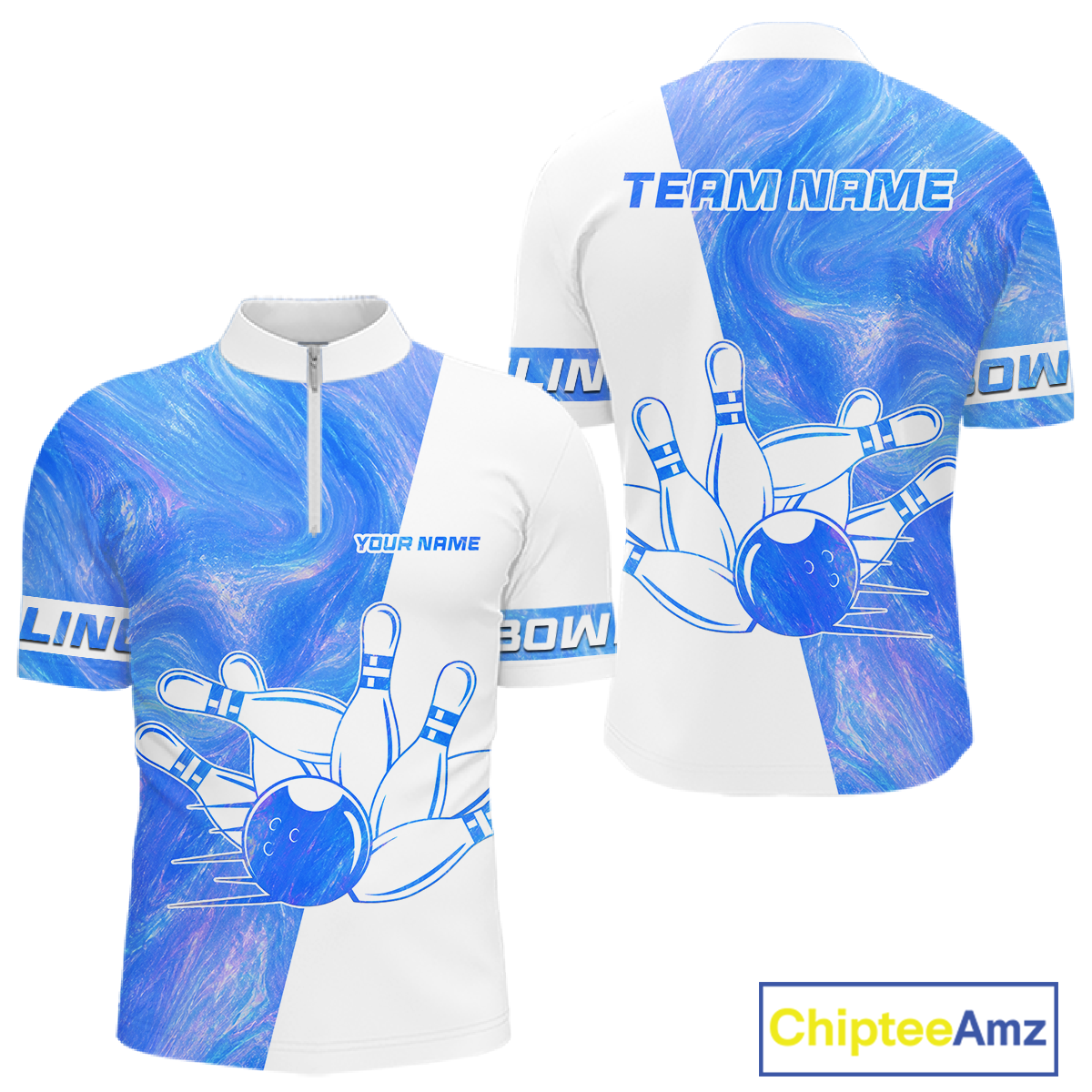 Bowling-themed sports jersey with blue and white design on a white background, featuring 'Chiptee Amz' branding.