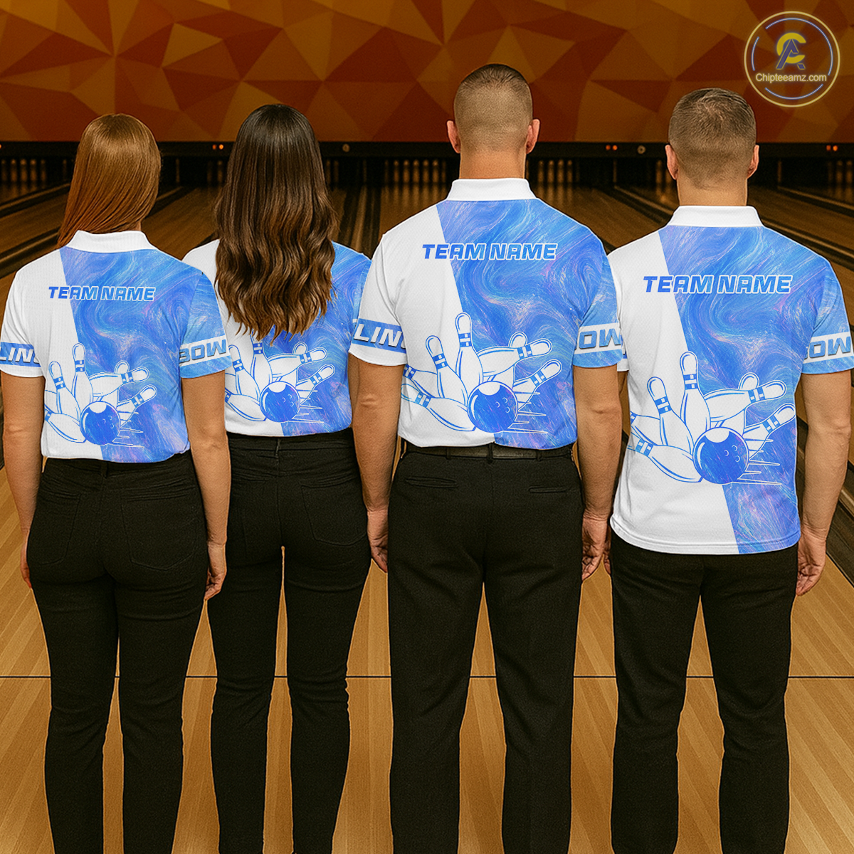 Four people wearing matching bowling shirts with 'Team Name' text at a bowling alley.