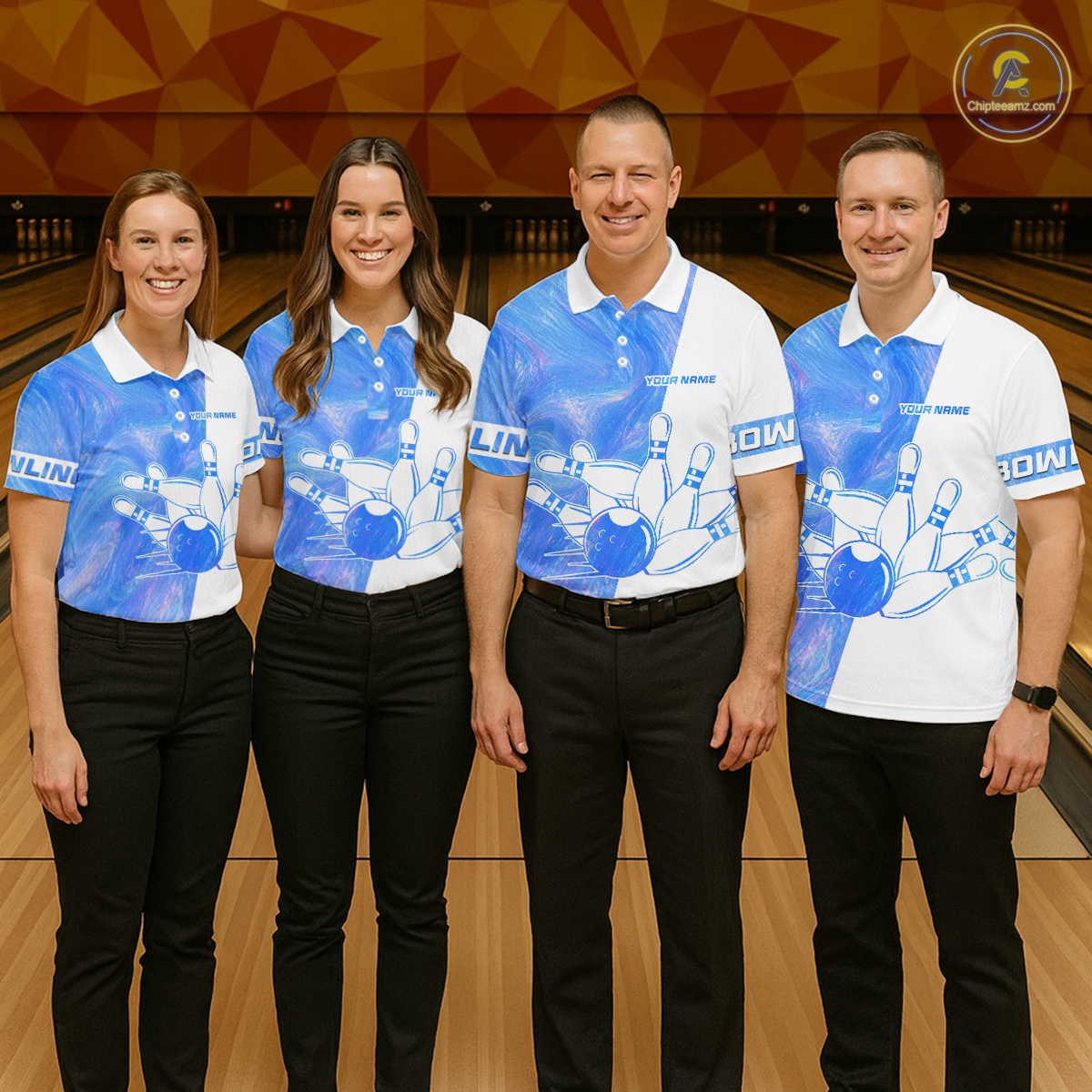 Four people wearing matching blue and white bowling shirts in a bowling alley.