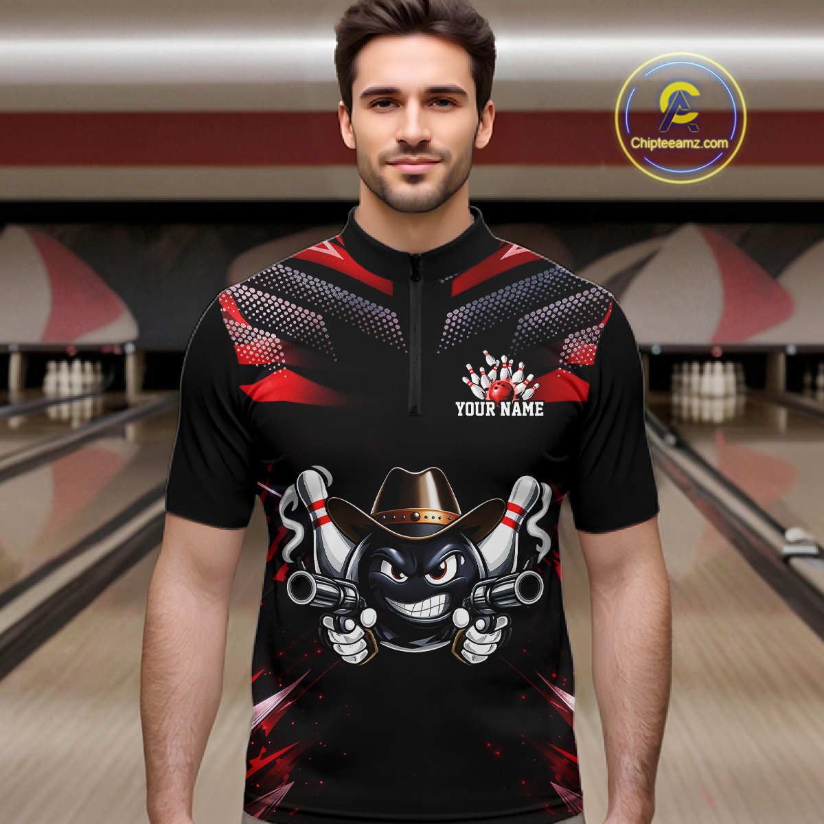 Custom Black & Red Funny Cowboy Bowling Shirt for Men Polo & 1/4-Zip Bowling League QZT840