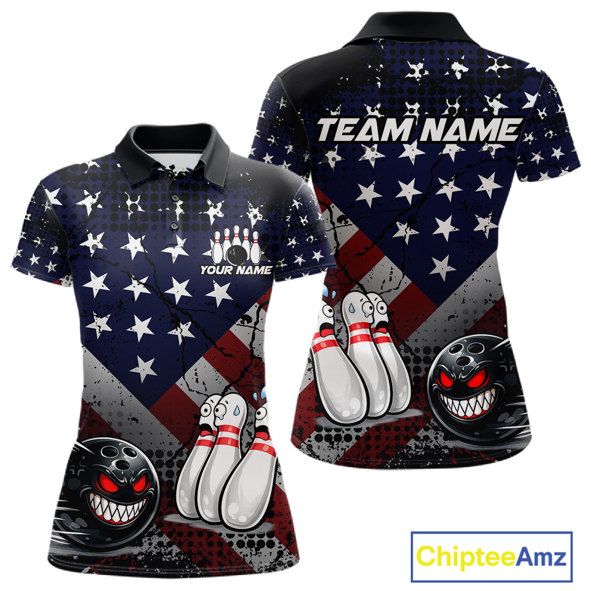 Custom American Flag Funny Bowling Team Shirt for Women Polo & Quarter-Zip Bowling Jersey Blue Red White QZT928