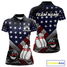 Load image into Gallery viewer, Custom American Flag Funny Bowling Team Shirt for Women Polo &amp; Quarter-Zip Bowling Jersey Blue Red White QZT928