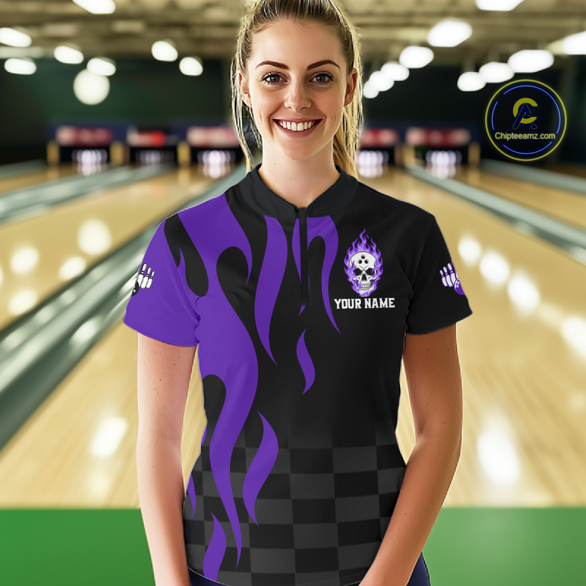 Purple Flame Skull Bowling Shirt Bowling Team Jersey for Women Polo & 1/4-Zip QZT931