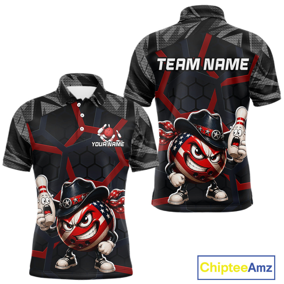 Bowling-themed shirt with cartoon bowling balls and a team name placeholder on a white background.