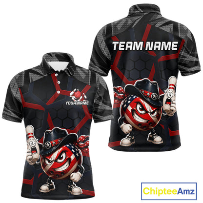 Bowling-themed shirt with cartoon bowling balls and a team name placeholder on a white background.