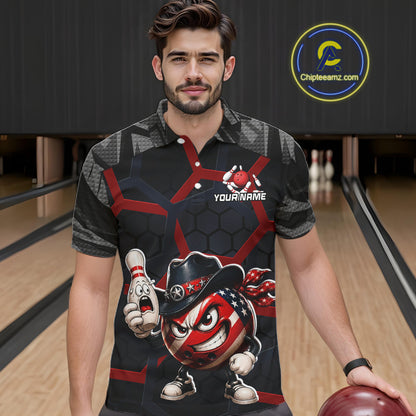 Man wearing a bowling-themed shirt with a graphic design on a bowling alley background