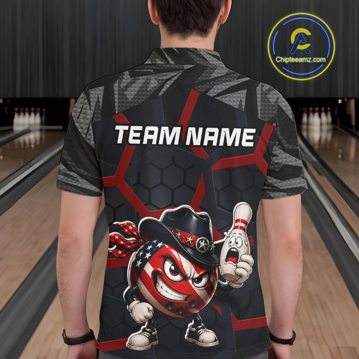 Person wearing a bowling shirt with a design and 'TEAM NAME' text in a bowling alley.