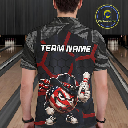 Person wearing a bowling shirt with a design and 'TEAM NAME' text in a bowling alley.