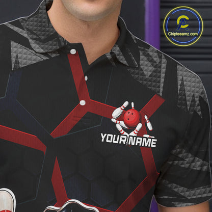 Black bowling shirt with red and white design and 'Your Name' text, brand logo visible.