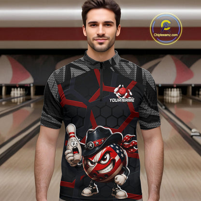 Man wearing a custom bowling shirt with a design on a bowling alley background