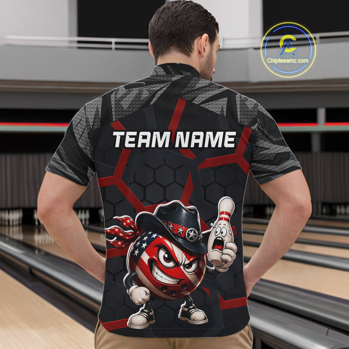 Person wearing a bowling shirt with a team name design on a bowling alley.
