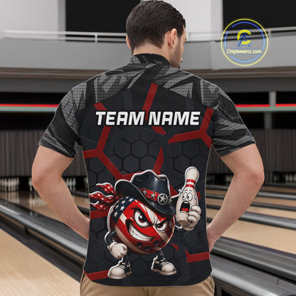 Person wearing a bowling shirt with a team name design on a bowling alley.