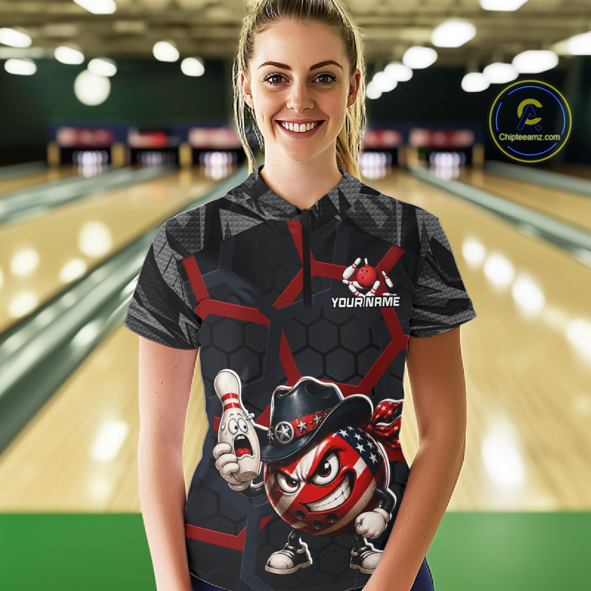 Custom Funny American Flag Bowling Shirt for Women Bowling Team Jersey Bowling Outfit QZT1123