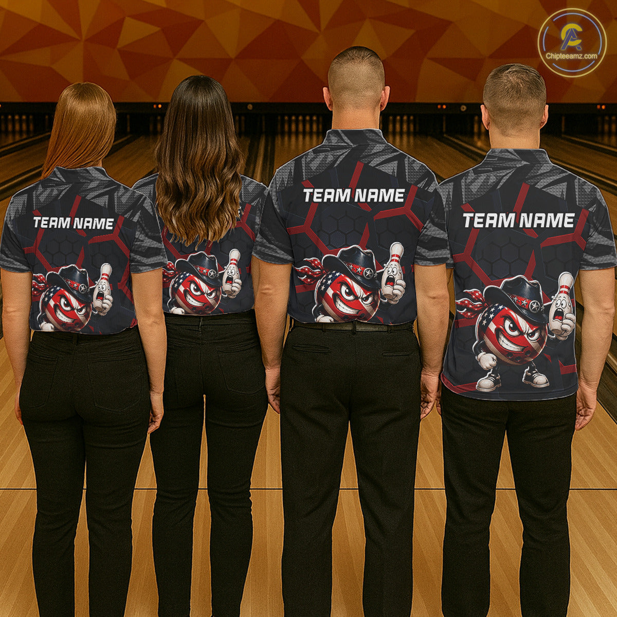 Four people wearing bowling shirts with a team logo and text on a bowling alley background