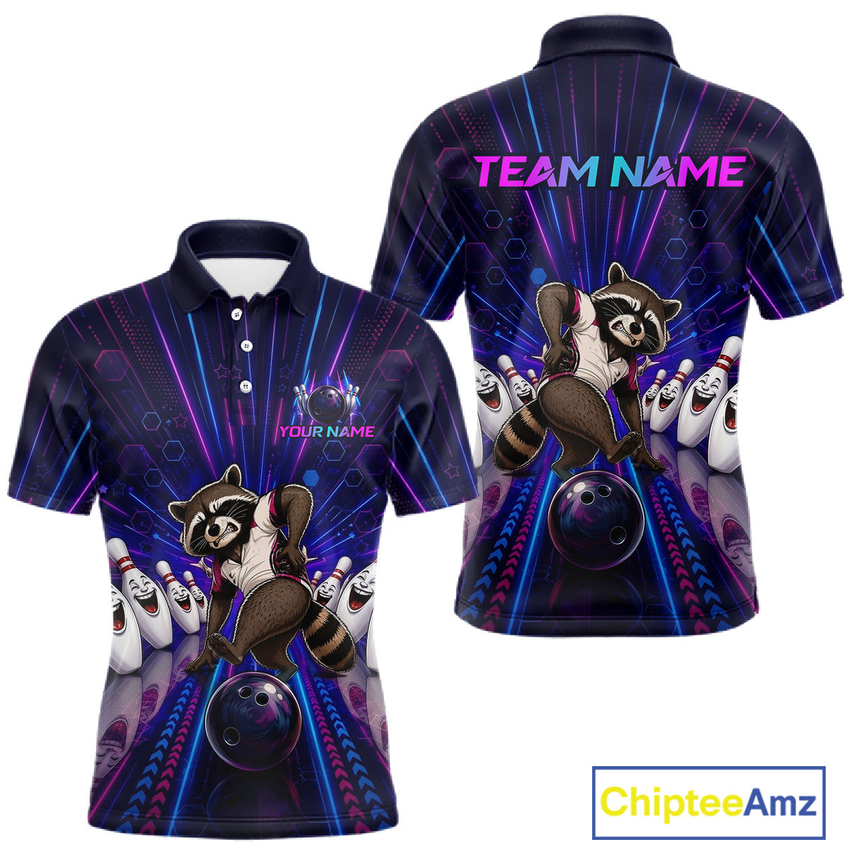 Bowling-themed polo shirt with raccoon graphic and customizable text on a white background