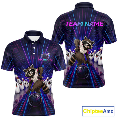 Bowling-themed polo shirt with raccoon graphic and customizable text on a white background