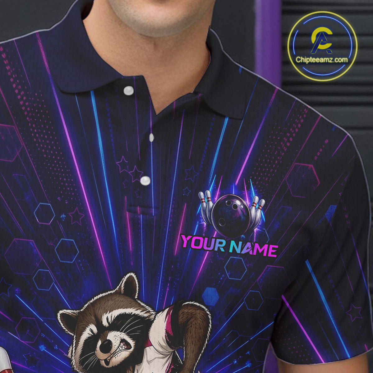 Neon-themed polo shirt with raccoon graphic and customizable text on a dark background