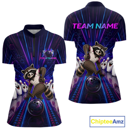 Bowling jersey with raccoon design and customizable text on a white background
