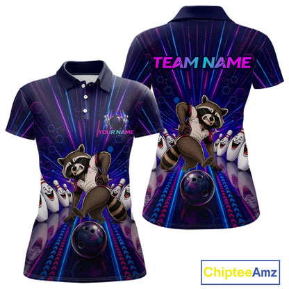 Bowling shirt with raccoon design and customizable text on a white background