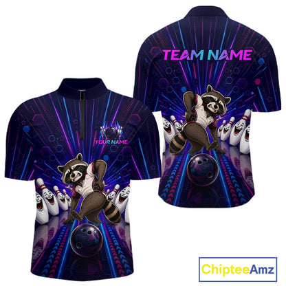 Bowling jersey with raccoon design and customizable text on a white background