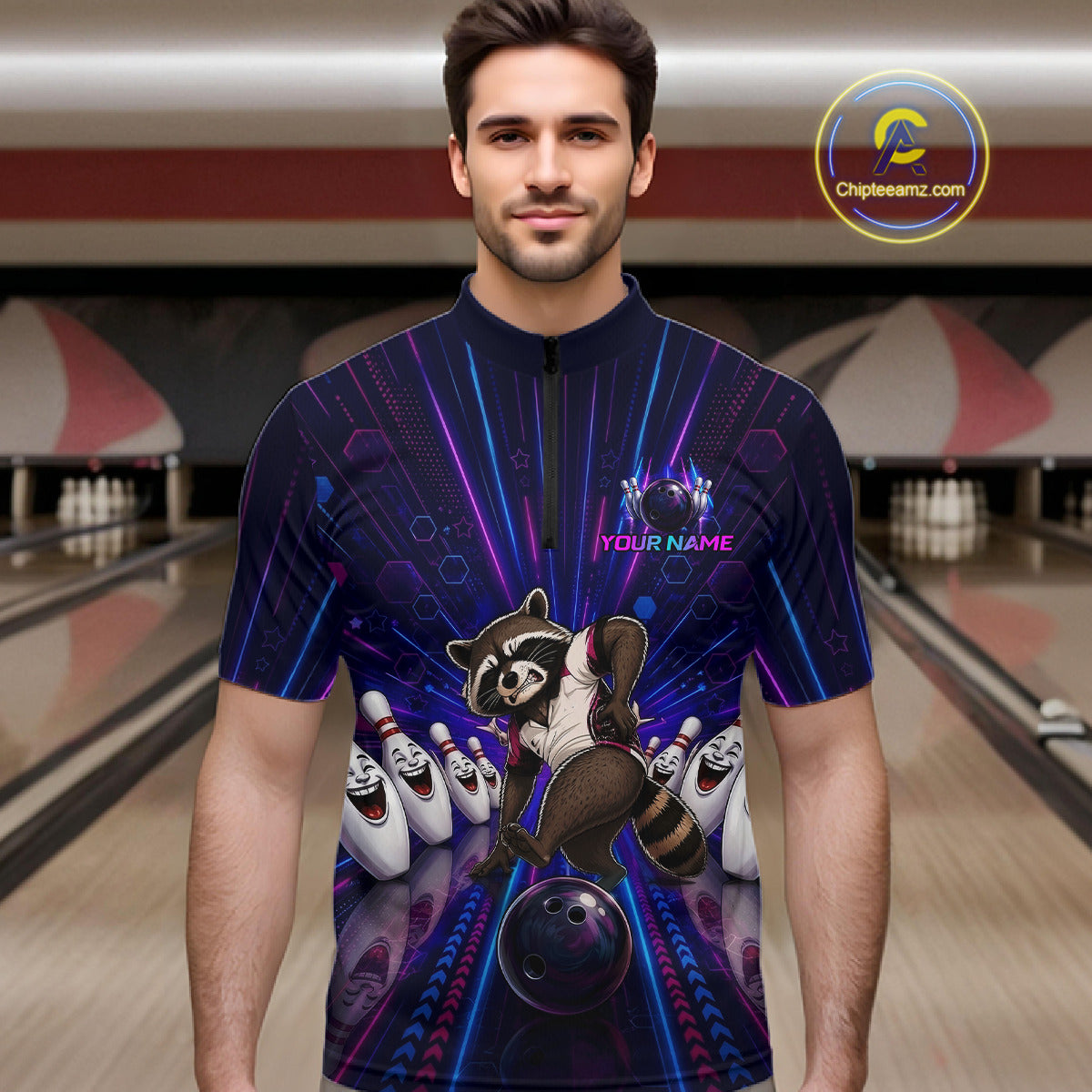 Man wearing a bowling shirt with a raccoon design in a bowling alley.