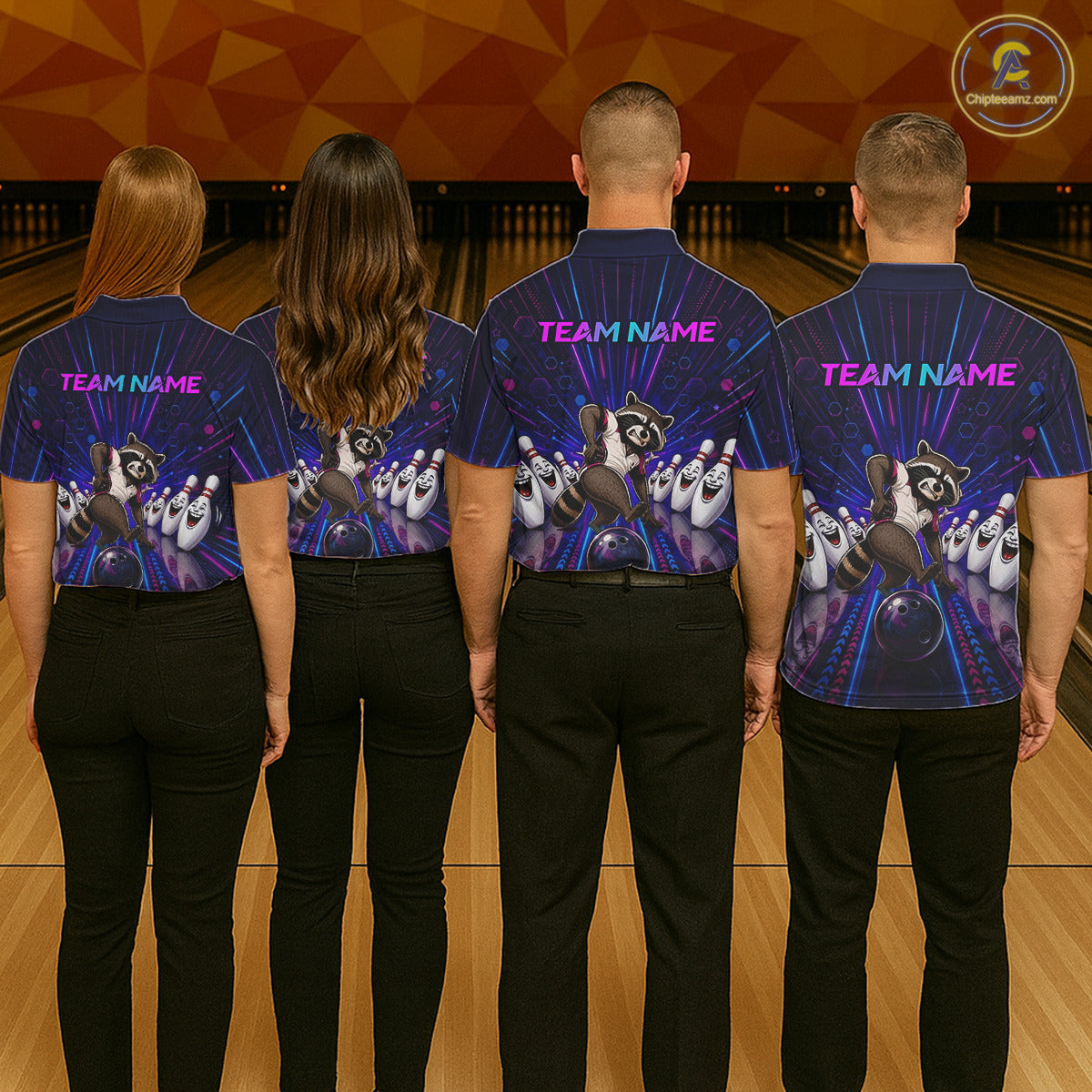 Four people wearing matching shirts with a logo and text on a bowling alley background