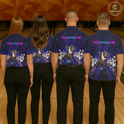 Four people wearing matching shirts with a logo and text on a bowling alley background