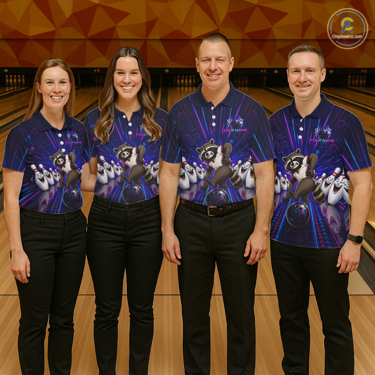 Four people wearing matching bowling shirts with raccoon graphics on a bowling alley.