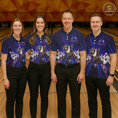 Four people wearing matching bowling shirts with raccoon graphics on a bowling alley.