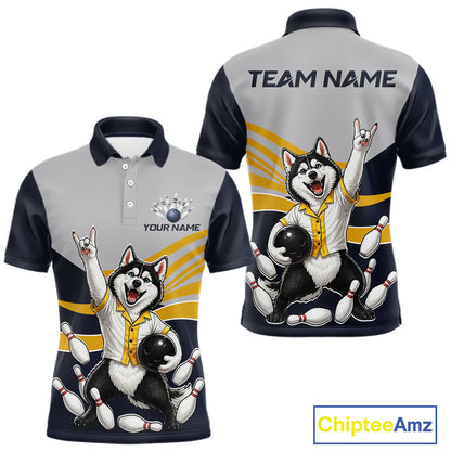 Polo shirt with husky design and customizable text on a white background