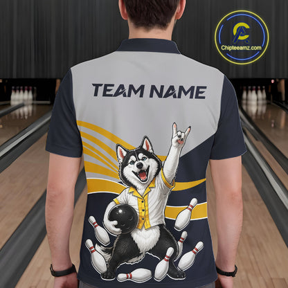 Person wearing a bowling-themed shirt with a dog graphic and 'Team Name' text in a bowling alley.