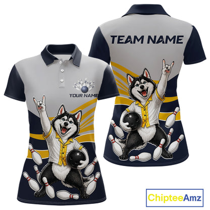 Polo shirt with husky bowling design on front and back, customizable text, and Chiptee Amz branding.