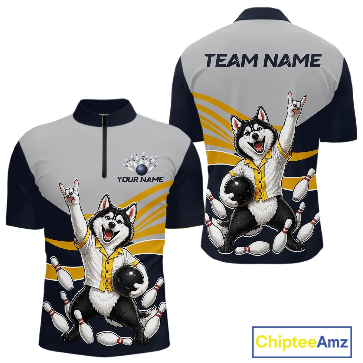 Bowling jersey with husky design, customizable text on a white background